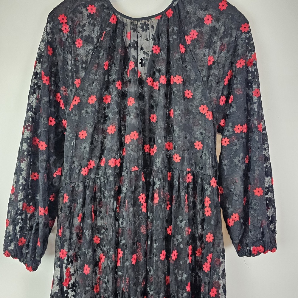 Zara Floral Oversized Long Sleeve Black Red Maxi Dress Sheer Lace Flowers XS - Picture 6 of 8